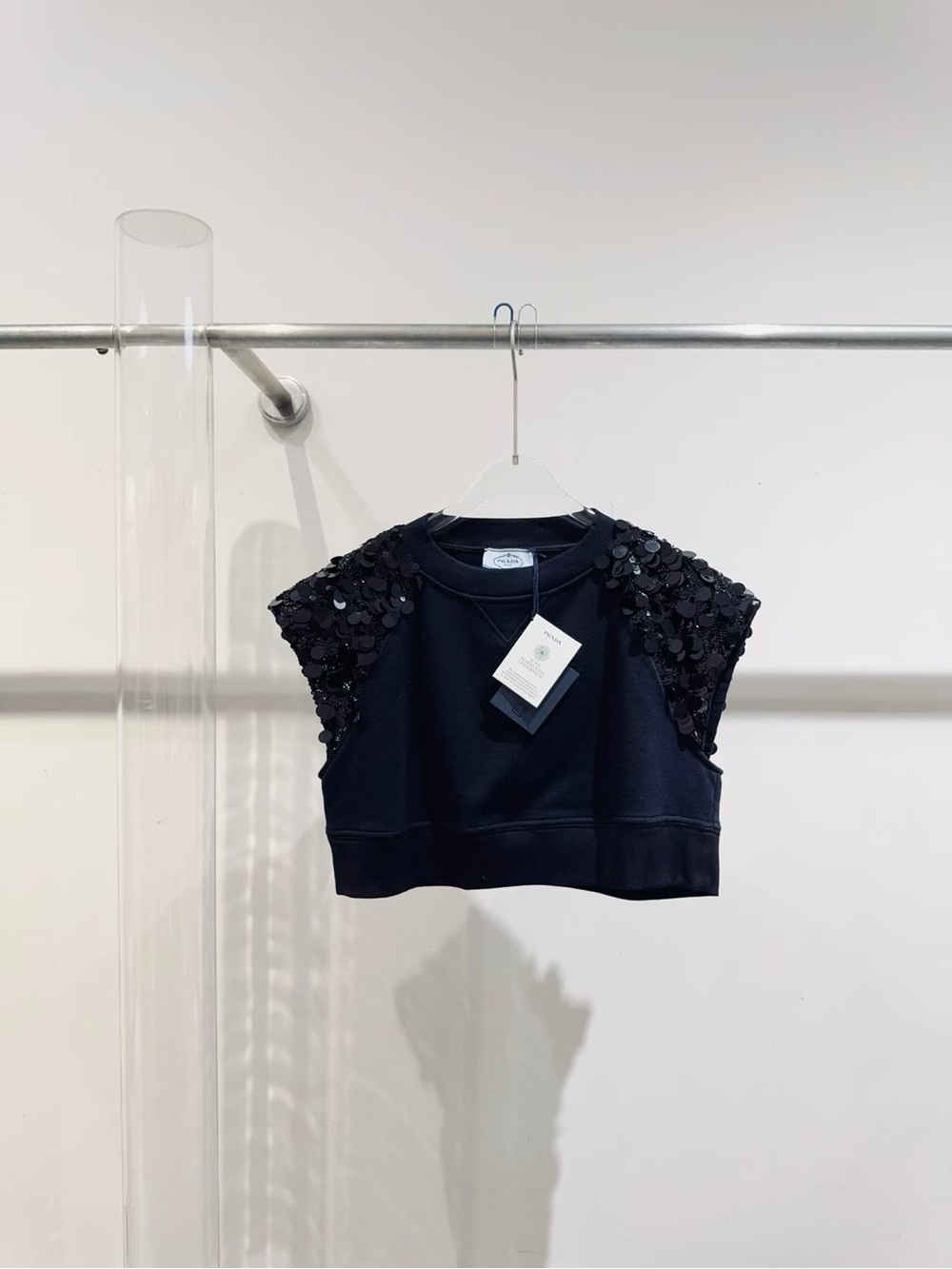 🚩steal Prada Black Sequined Crop Sleeve Top